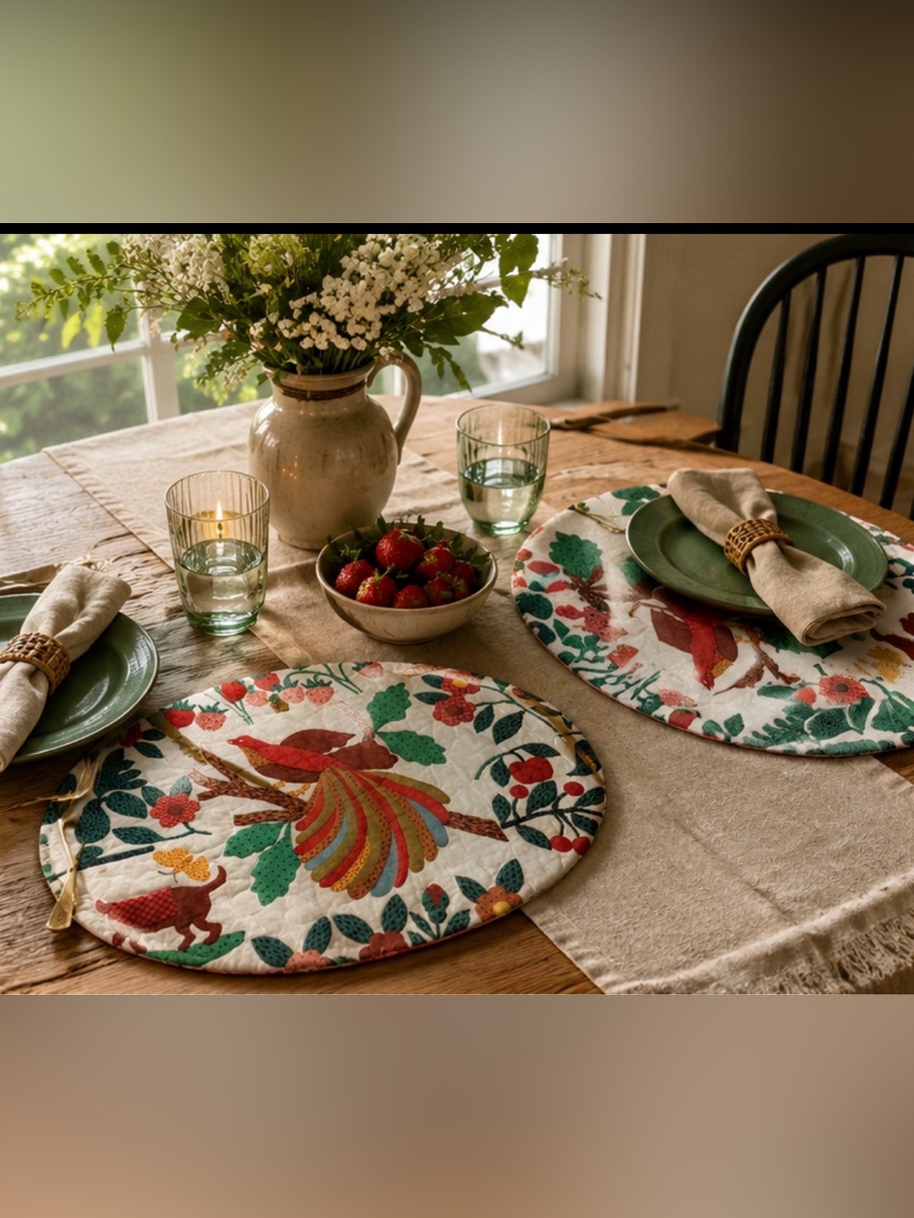 Handmade Quilted Bird Floral Oval Placemats Set of 2 Cottagecore Farmhouse 11x16